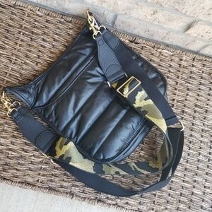 BLACK Neoprene Puffer Crossbody Bag Purse(11x11x3)W/2 changeable GoldCamo Straps